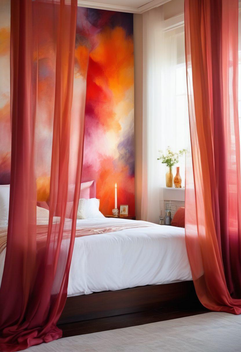 A serene bedroom setting bathed in soft, warm light, featuring a plush bed adorned with luxurious sheets. A large, colorful abstract painting on the wall symbolizing passion and pleasure. Subtle silhouettes of couples entwined in sensual poses can be seen through sheer curtains. Elements of intimacy like wine glasses and candles contribute to the ambiance. overall dreamy atmosphere, inviting and tantalizing. super-realistic. vibrant colors.