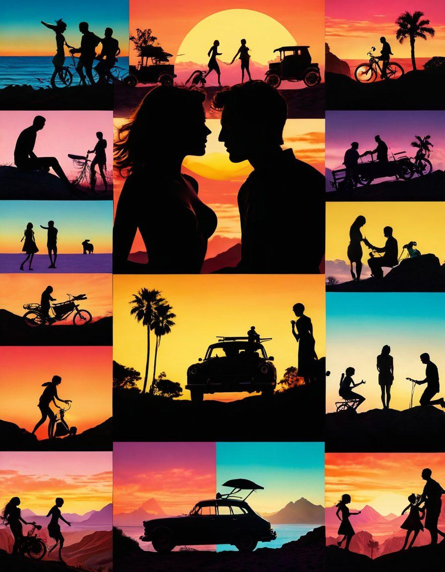 A visually stunning collage capturing the contrast between ecstatic erotica and joyful journeys, featuring silhouettes of couples in passionate poses amidst vibrant, whimsical landscapes. Include elements like film reels, a vintage projector, and playful pathways leading to various dreamy destinations, evoking a sense of adventure and intimacy. Use warm and sensual colors to enhance the emotional depth. super-realistic. vibrant colors. fantasy style.